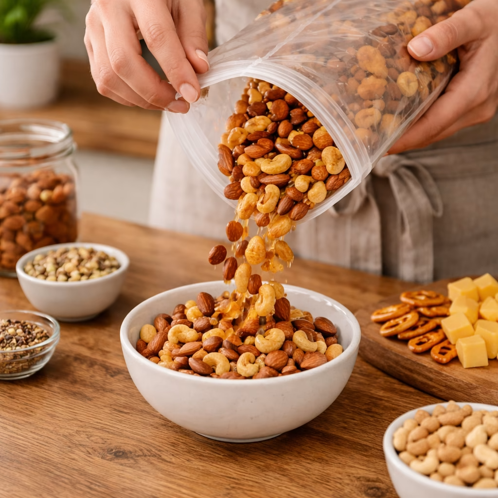 Przekąski przesypywane z opakowania do małej miski