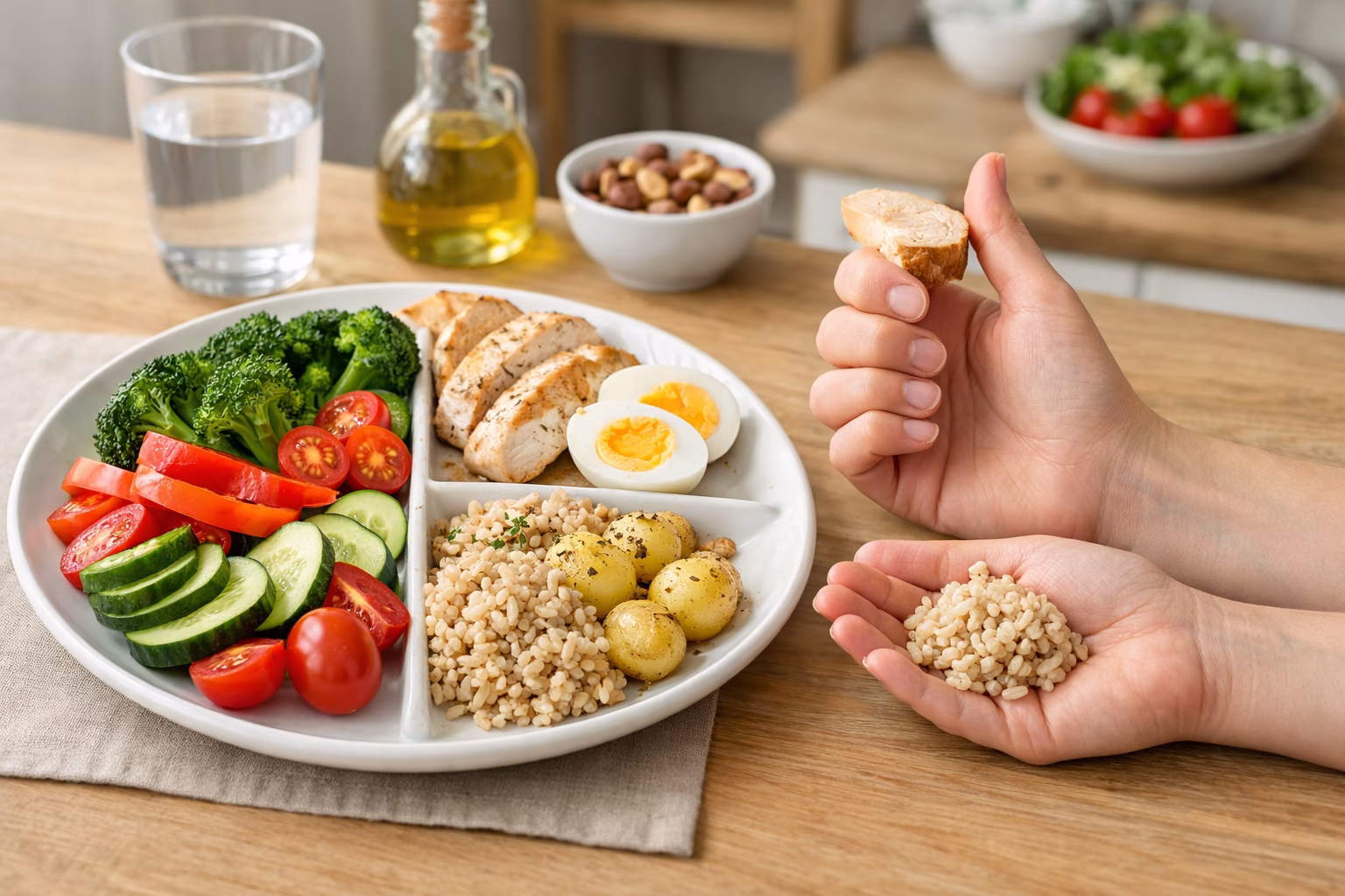 Porcje jedzenia rozplanowane na talerzu i dłoni