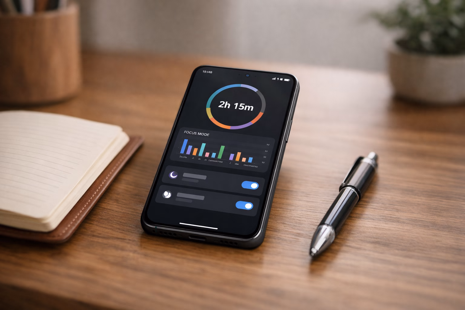 Telefon z ograniczeniami aplikacji leży obok notesu