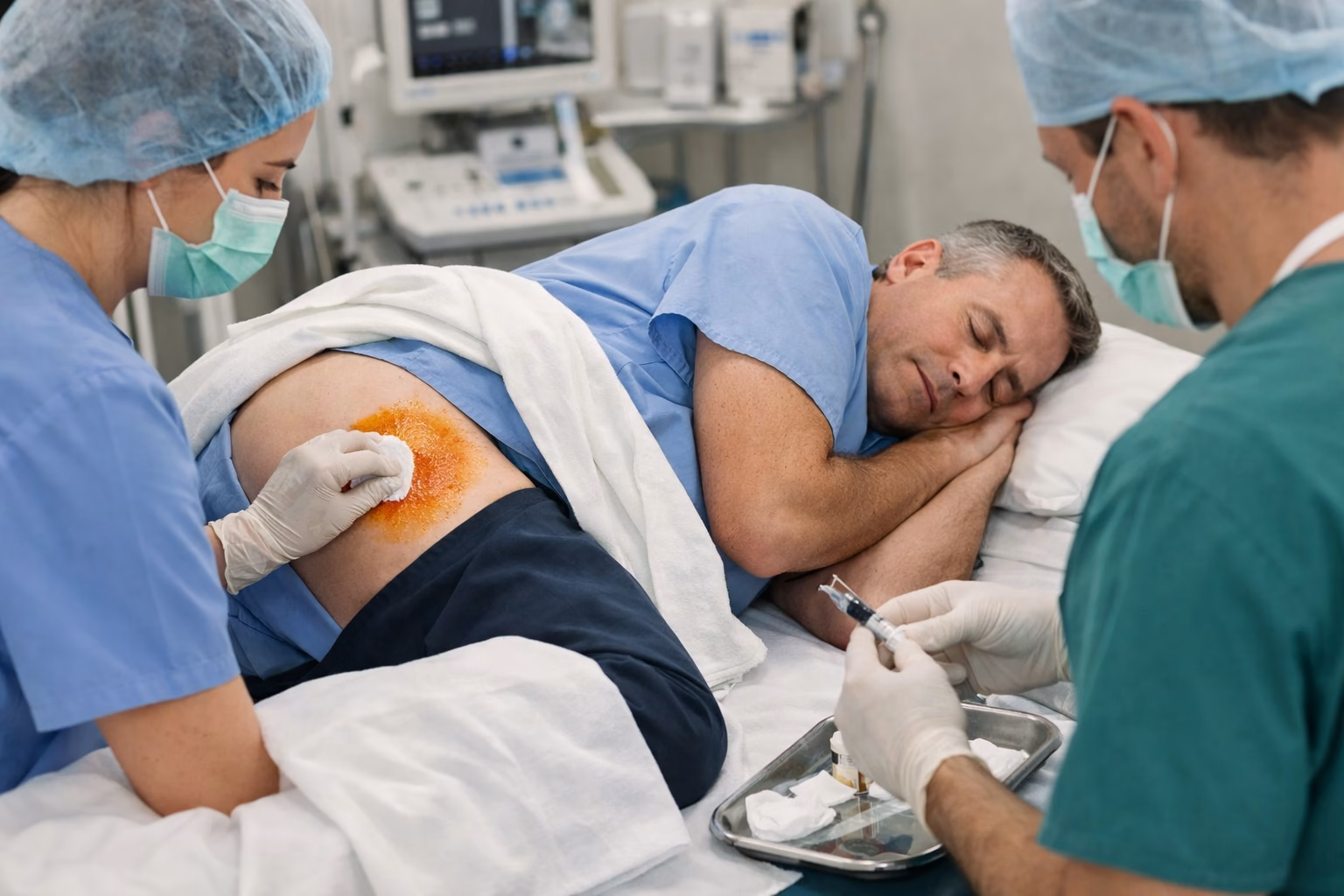 Pacjent leży na boku przed biopsją szpiku
