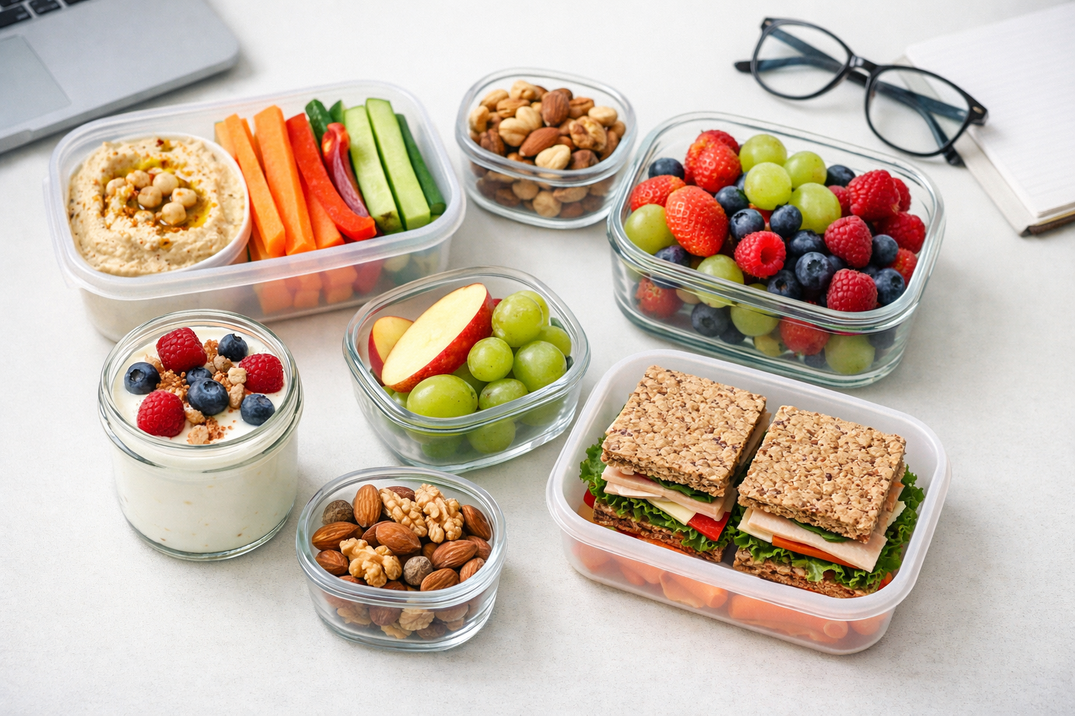 zdrowe przekąski do pracy w pojemnikach na biurku