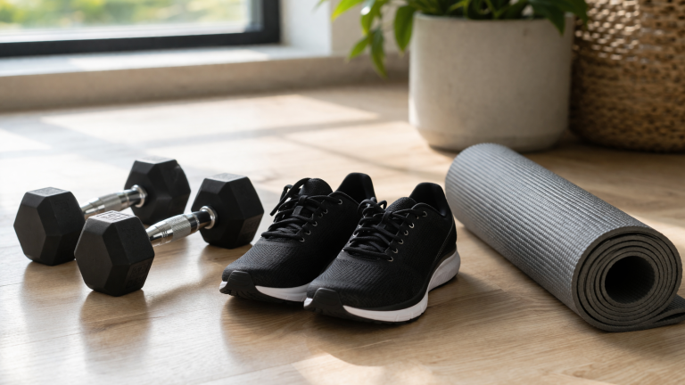 Hantle i buty biegowe obok maty treningowej