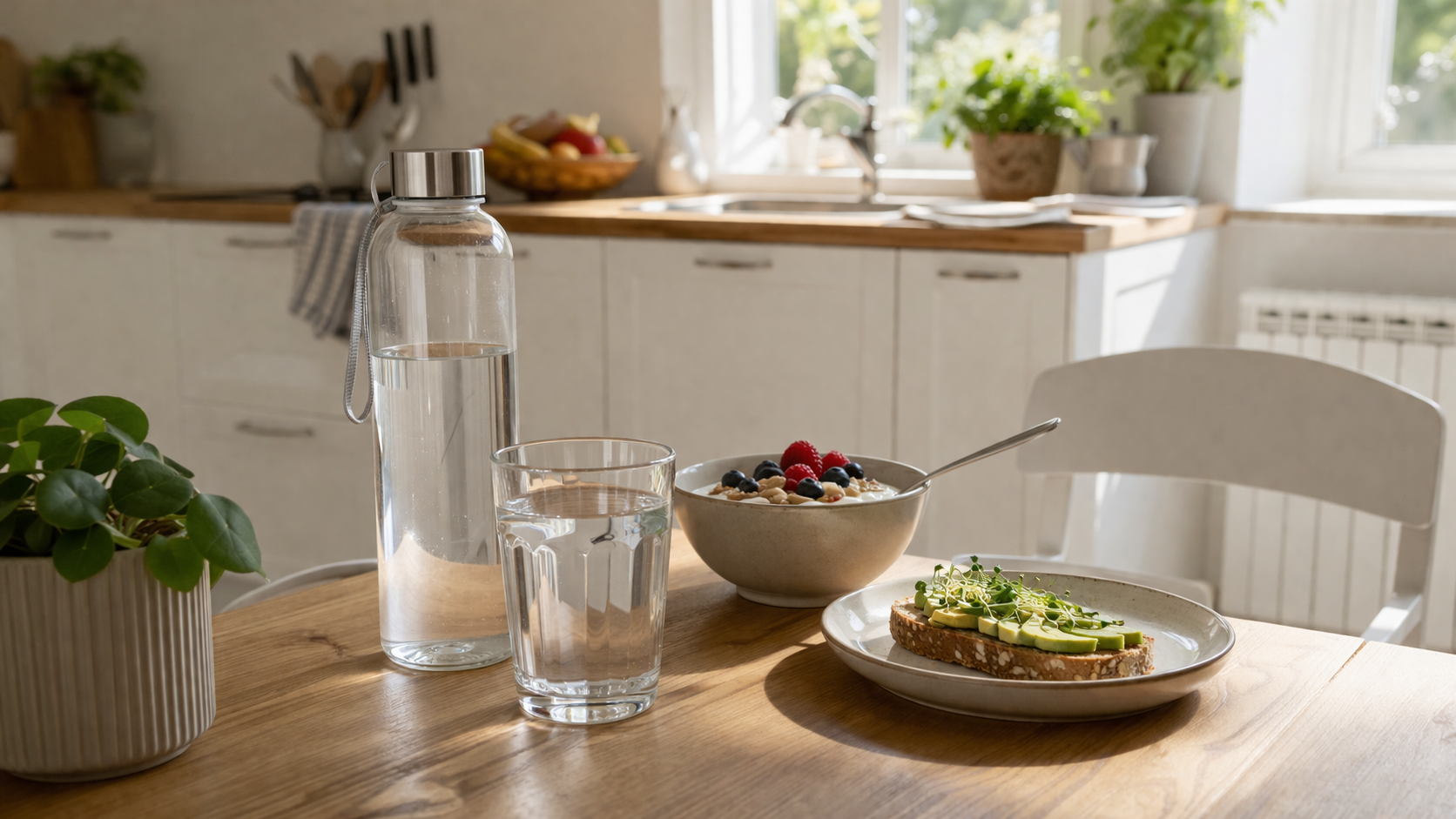 Szklanka wody i bidon w codziennej rutynie