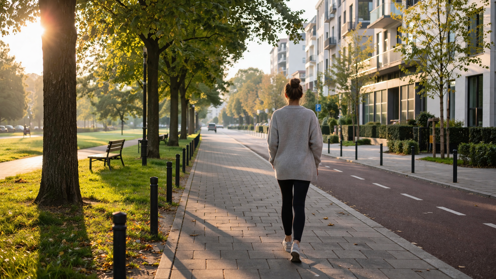 Kobieta spaceruje rano, budując codzienną równowagę psychiczną