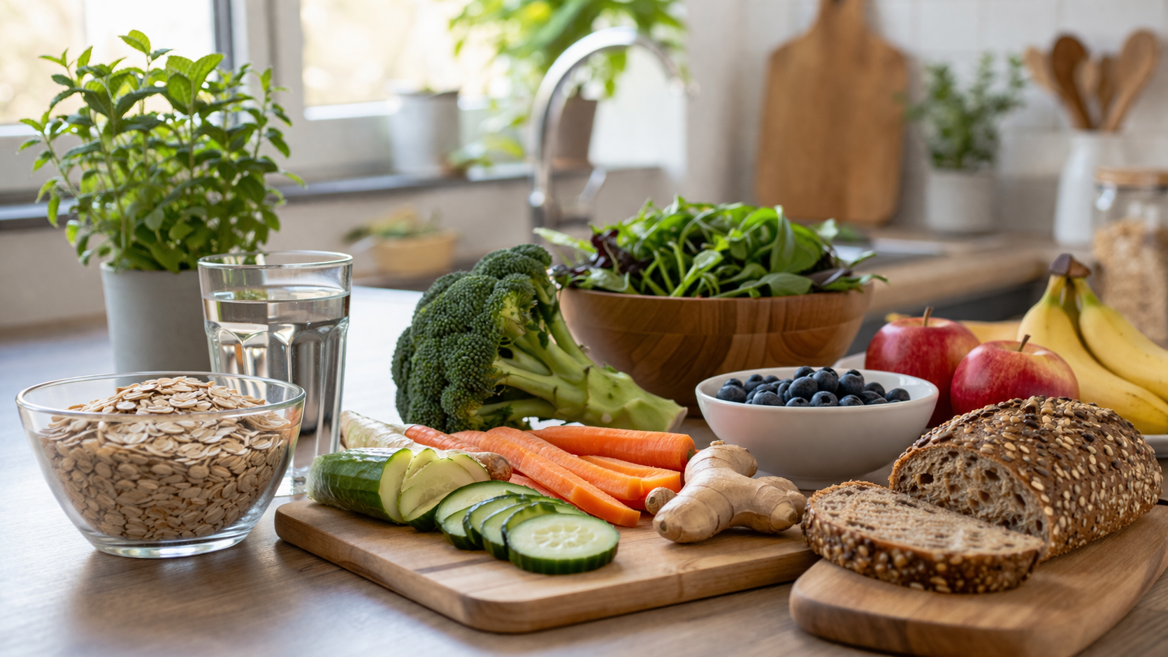 Produkty bogate w błonnik na kuchennym blacie