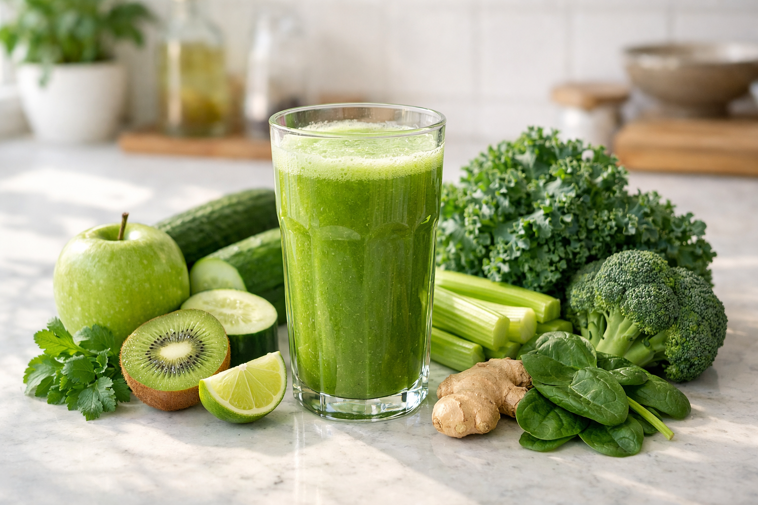 Szklanka zielonego soku obok owoców i warzyw