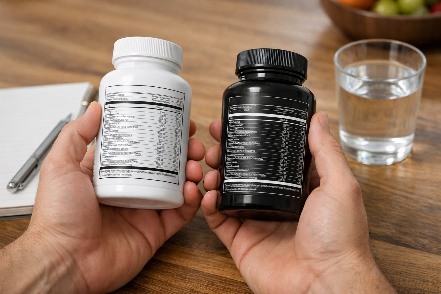 Kobieta porównuje etykiety dwóch opakowań suplementów