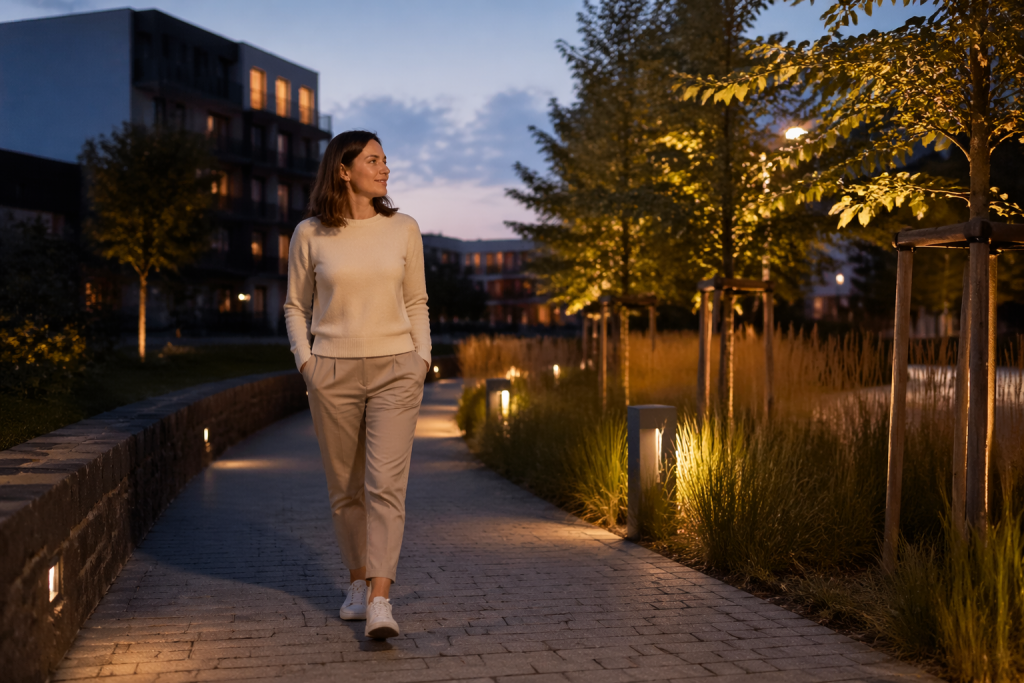 Osoba spacerująca spokojnie po kolacji w miejskim otoczeniu