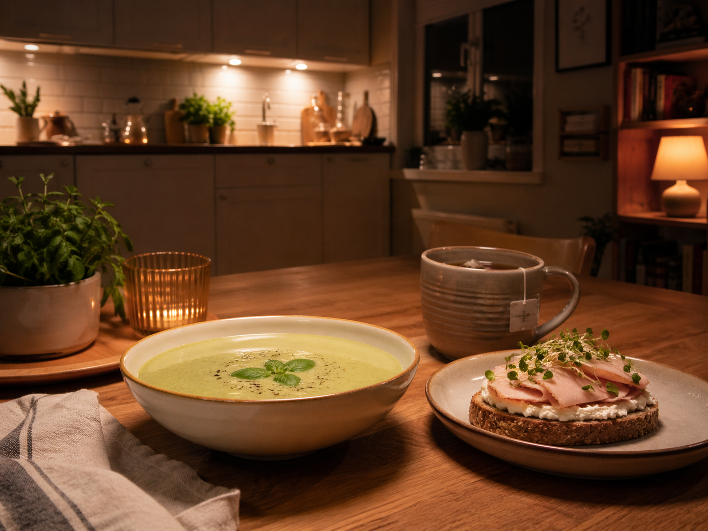 Lekka wieczorna kolacja podana w spokojnym, domowym klimacie