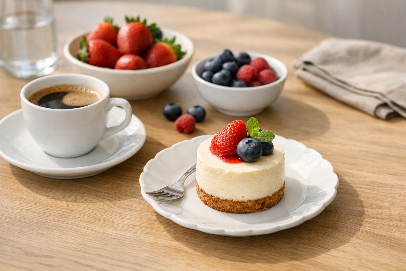 Niewielka porcja deseru obok kawy i owoców
