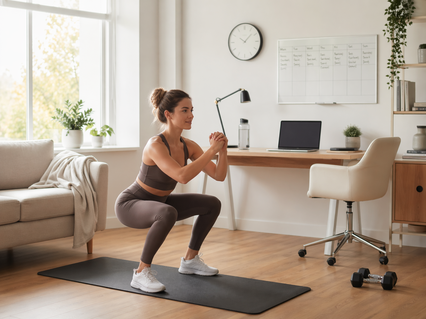Osoba wykonująca krótki trening w domu obok biurka i planu tygodnia