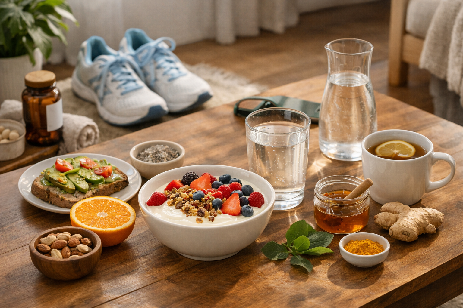 Zdrowe śniadanie, ruch i spokojny poranek w domu