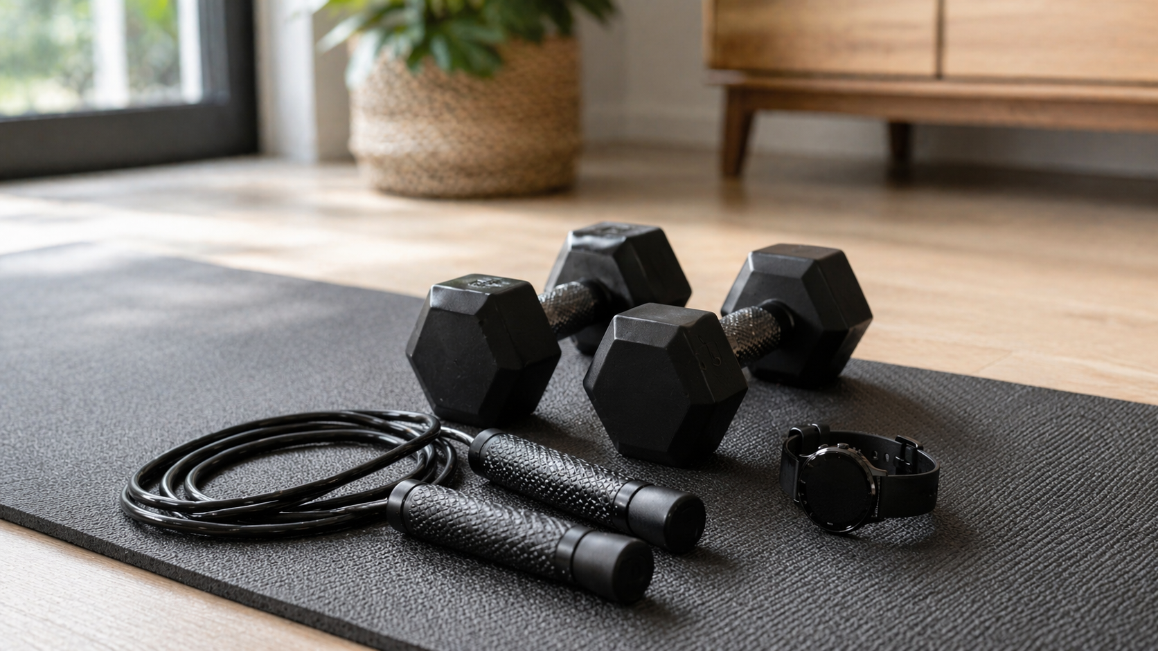 Hantle, skakanka i zegarek treningowy na macie