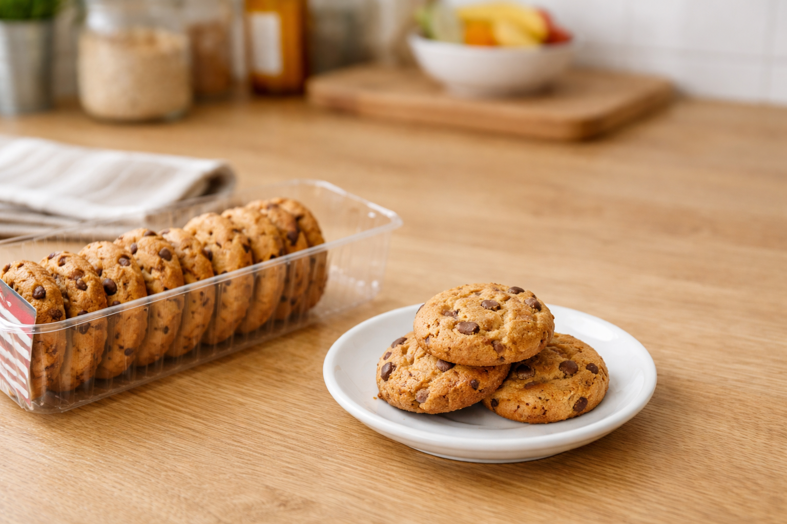 Mała porcja ciastek przełożona z opakowania na talerz