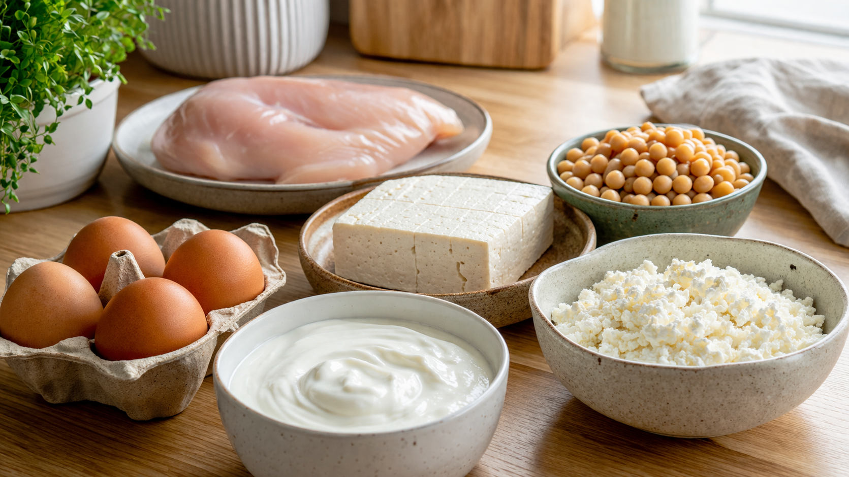 Jajka, jogurt, tofu i kurczak na blacie