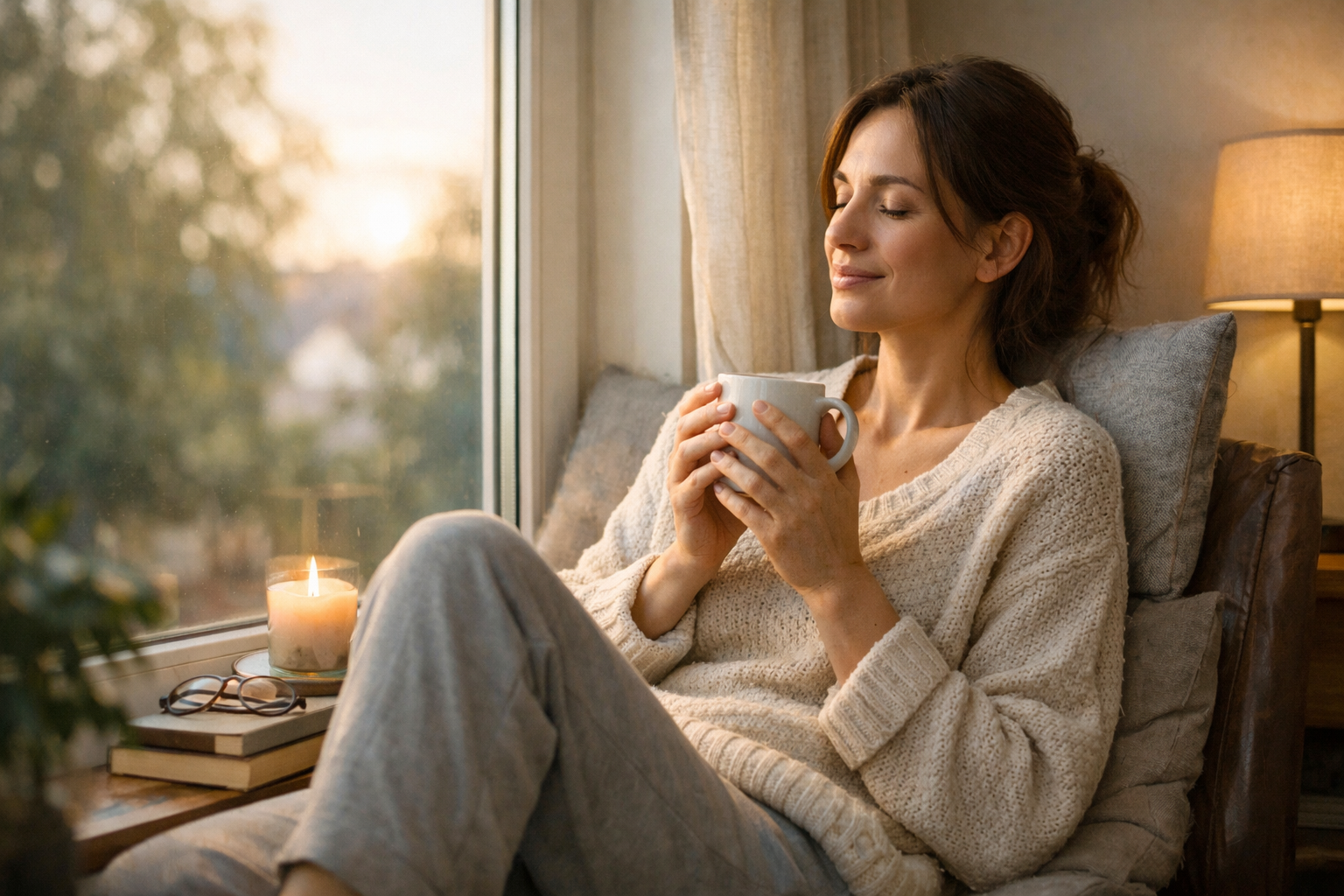 Osoba odpoczywająca spokojnie z herbatą przy oknie