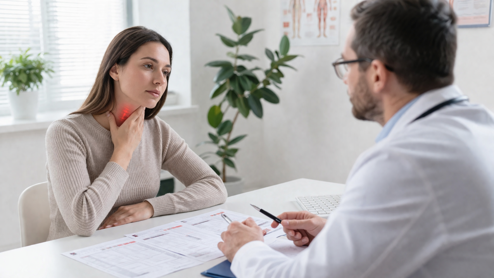 Kobieta rozmawia z lekarzem o objawach tarczycy