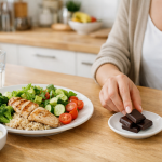 Kobieta wybiera mały deser do zbilansowanego posiłku