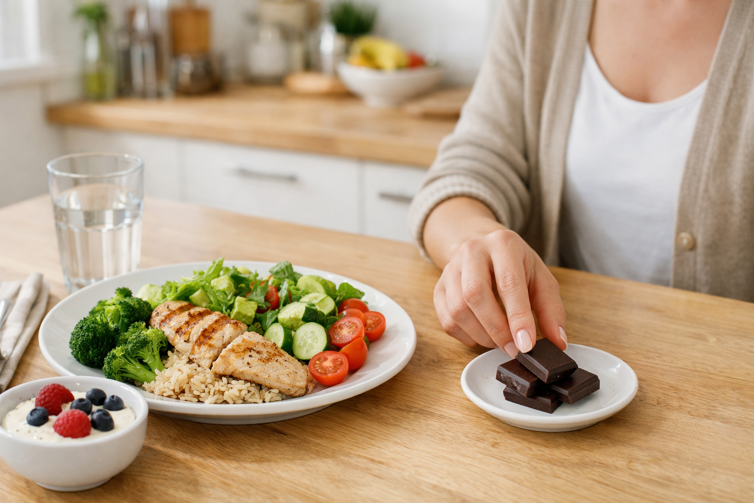 Kobieta wybiera mały deser do zbilansowanego posiłku