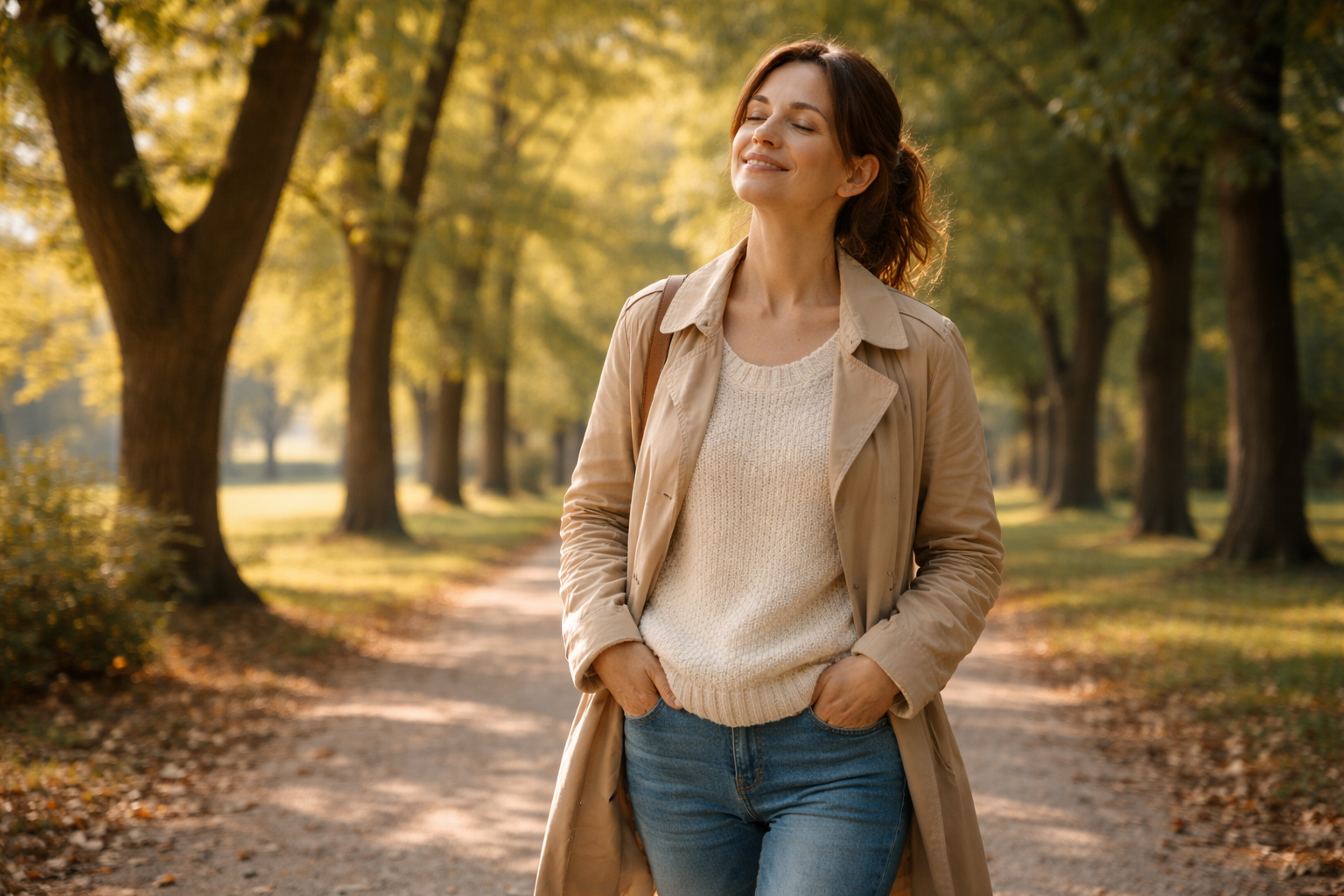 Osoba spaceruje spokojnie po parku bez telefonu