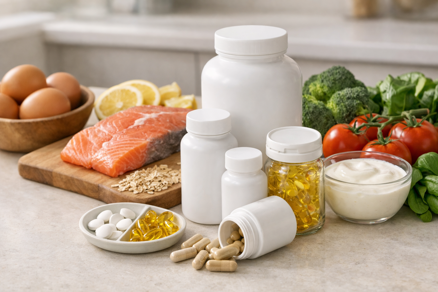 Suplementy i zdrowe jedzenie na kuchennym blacie