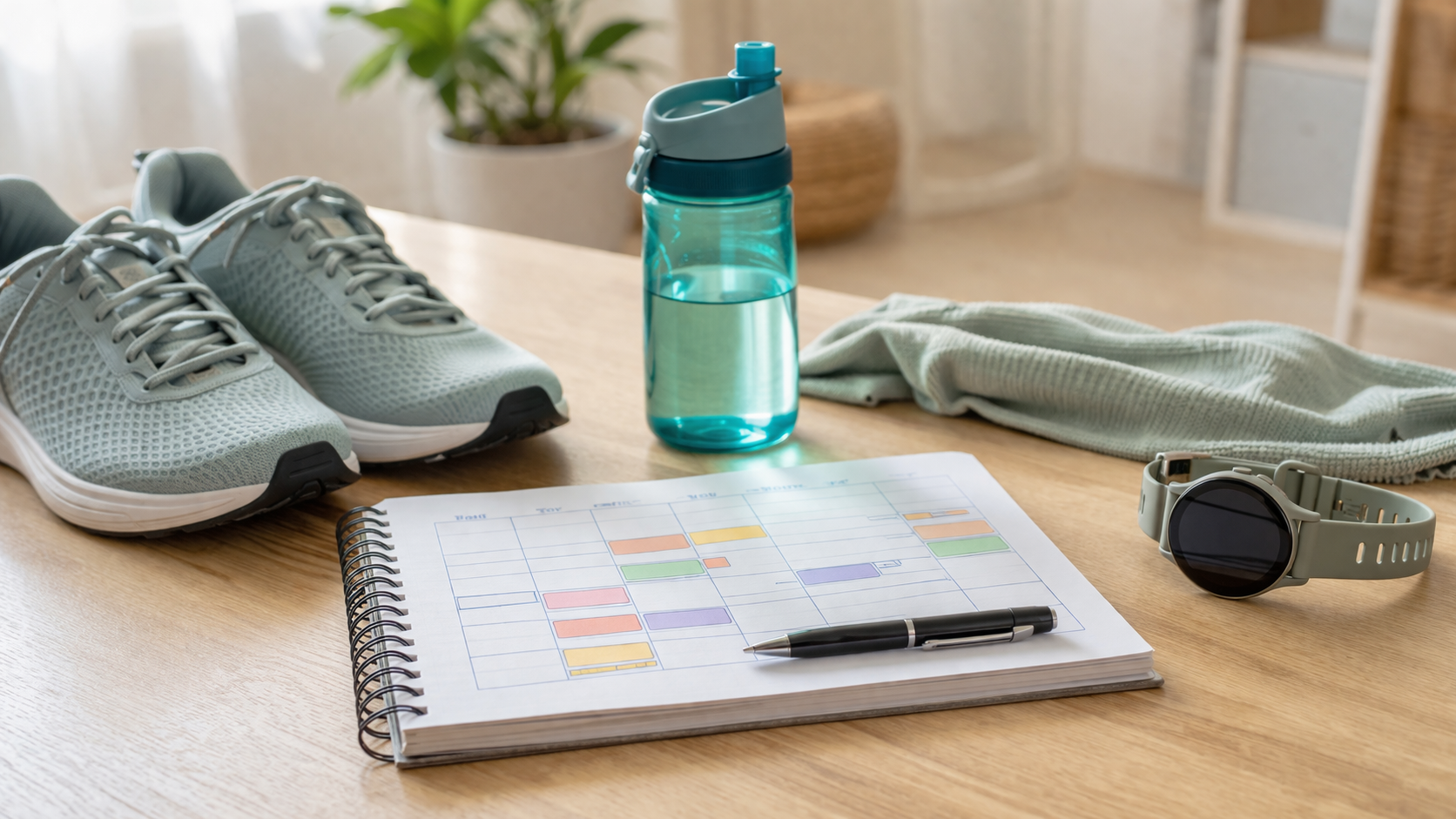 Kalendarz z krótkimi treningami i butami sportowymi