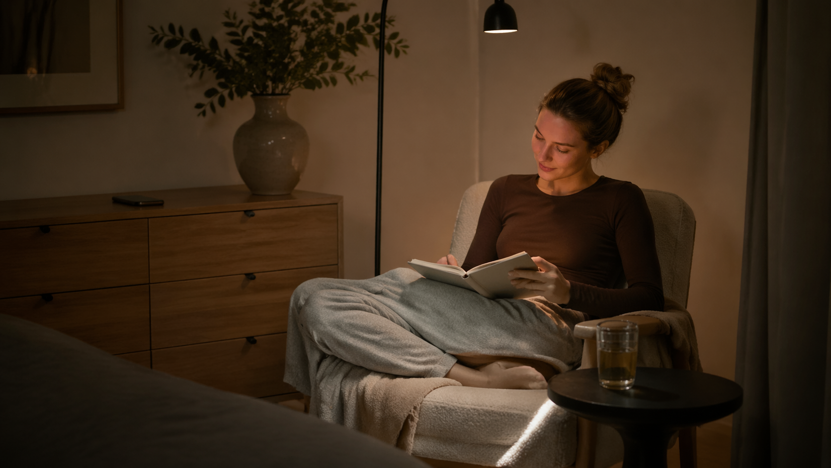 Spokojny wieczór w domu z przyciemnionym światłem, książką i odłożonym telefonem