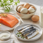 Suplement witaminy D obok produktów spożywczych i światła dziennego