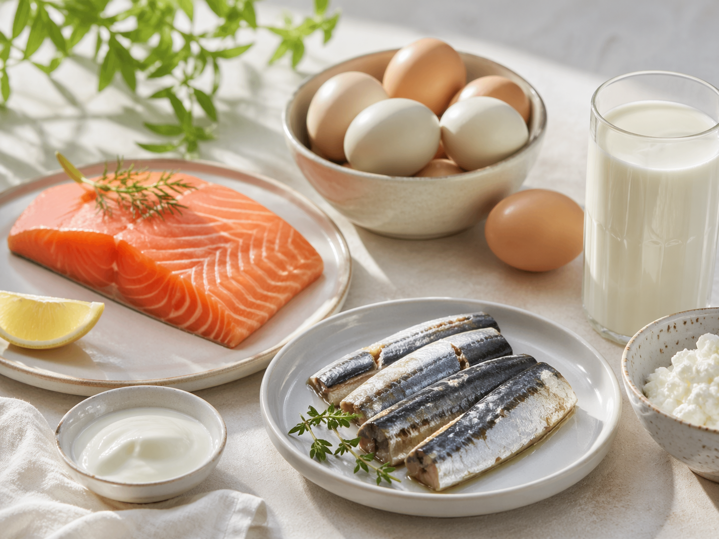 Suplement witaminy D obok produktów spożywczych i światła dziennego