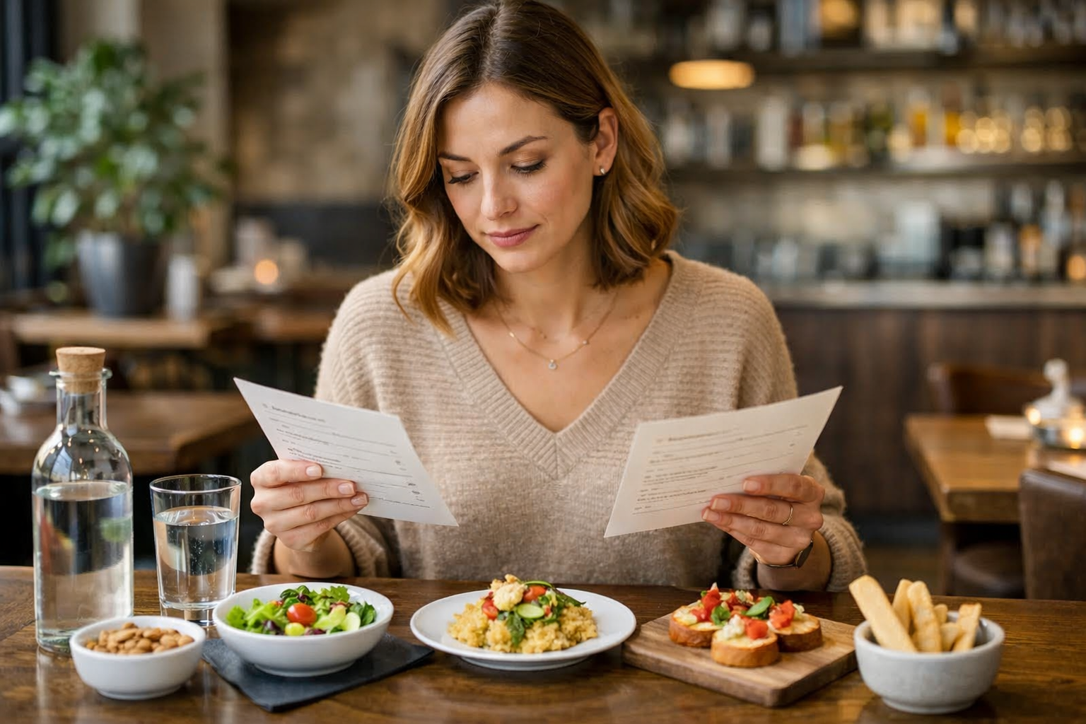 osoba czyta menu i wybiera prosty posiłek