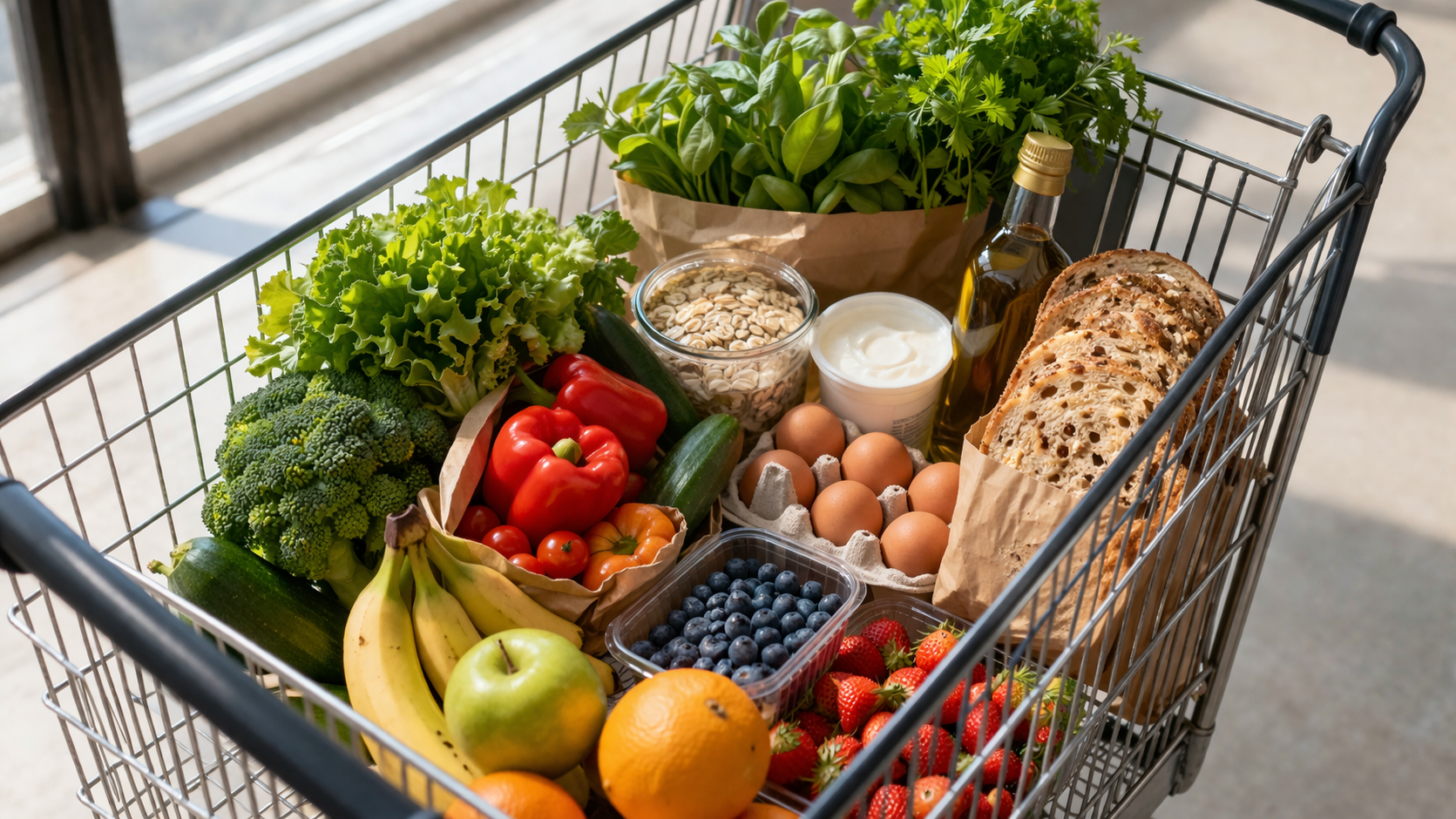 Koszyk z warzywami, owocami i produktami podstawowymi