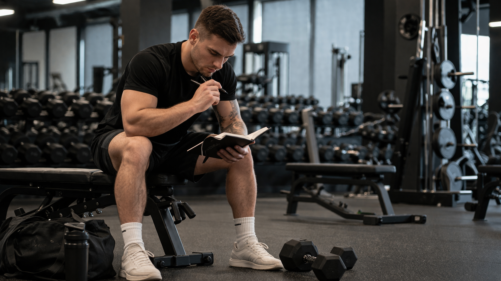 Sportowiec planuje progres treningowy z notatnikiem i hantlami